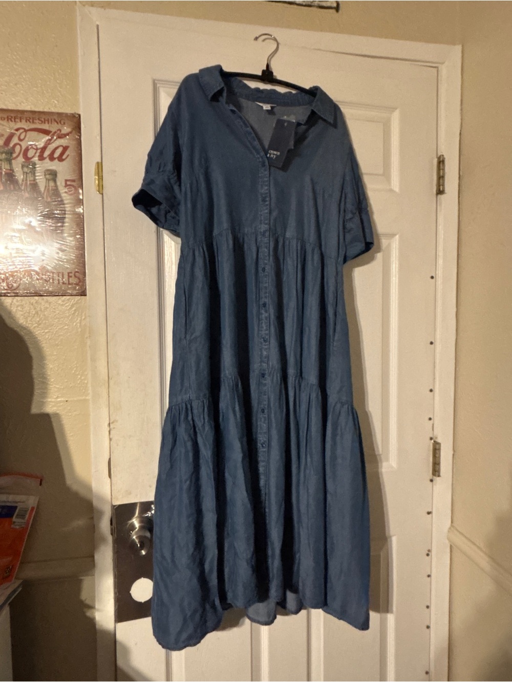 Crown & Ivy Button-Front Blue Denim Tiered Dress Size large NWT